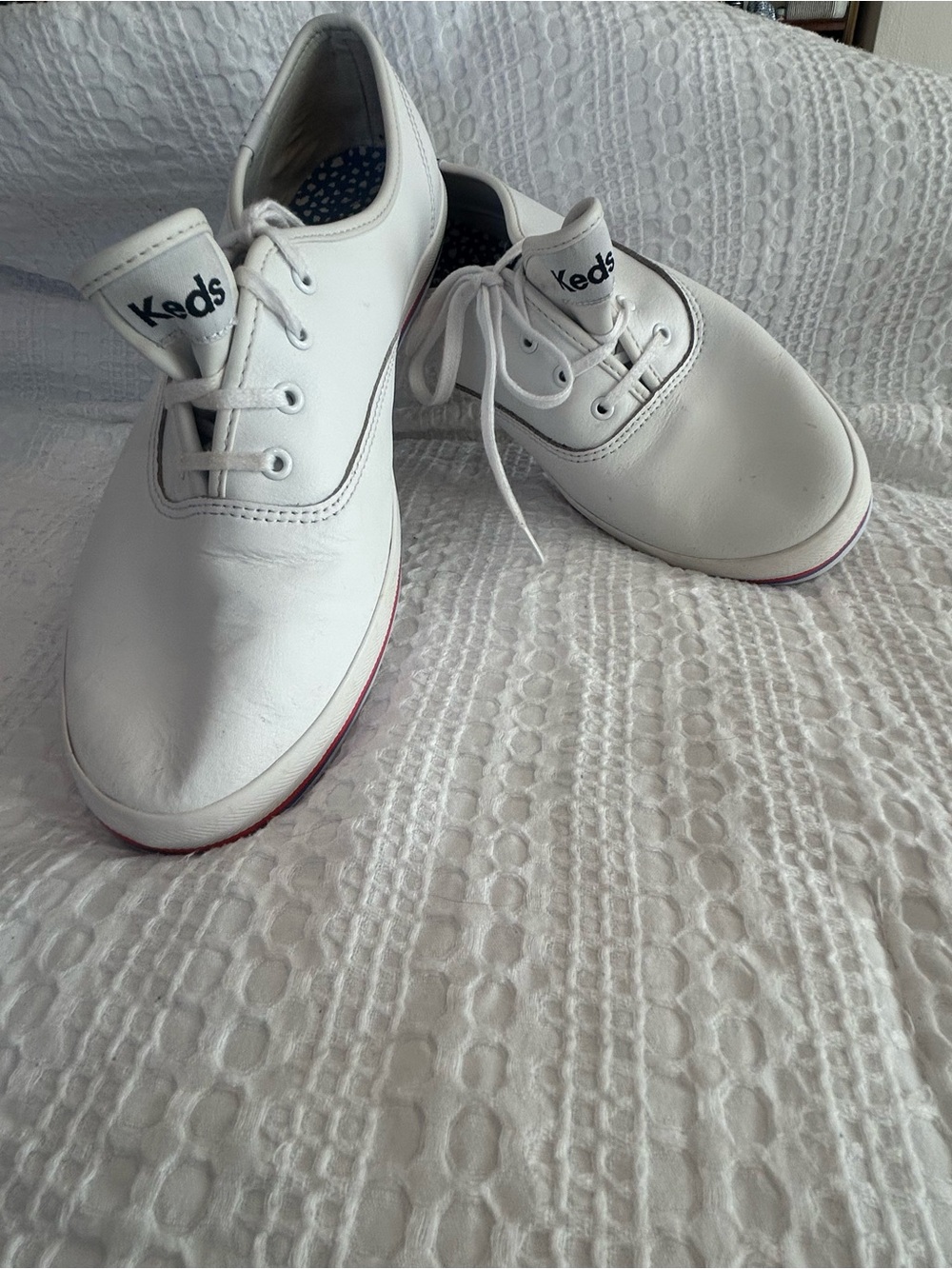 Women Keds White leather -Up Sneakers with Pink Sole Accent